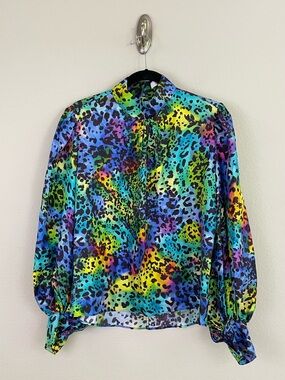 HUNTER BELL Rainbow Leopard Print 100% Silk Balloon Sleeves Blouse Size Medium